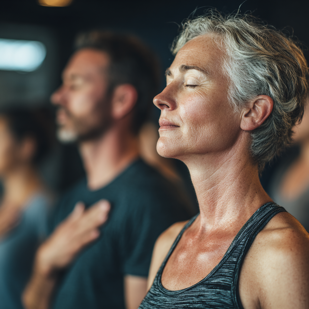 Middle-aged adults practicing mindful breathing techniques during yoga session