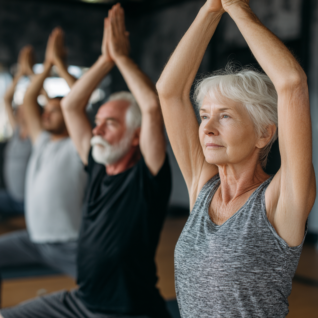 Older adults performing gentle yoga poses with focus on mobility and stability